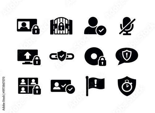 Online Classroom Security. Solid icon set of online classroom security: secure video meeting lock, waiting room gate, participant approval check, mute all