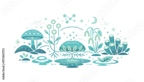 Abstract alien ecosystem. Stylized scene of interconnected glowing plants and organic shapes forming a balanced ecosystem, suggesting quiet life processes and