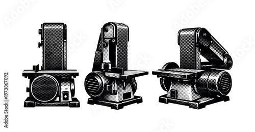 bench belt sander tool A bench belt sander shown in front view, side view, and three-quarter angle emphasizing the sanding belt loop, motor casing, and support