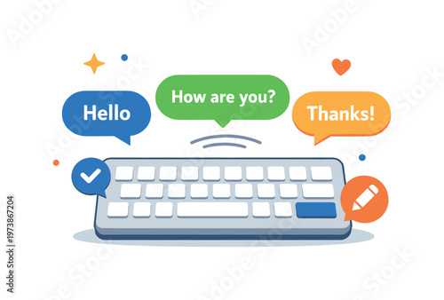 Assistive typing tools concept with a keyboard and predictive text bubbles, representing support for easier communication and reduced effort. A