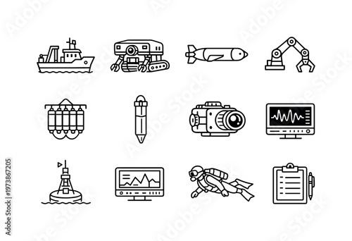 Underwater Research. Line icon set of Underwater Research: ocean research vessel, ROV robot, AUV drone, sampling arm claw, water sampler bottle, sediment core