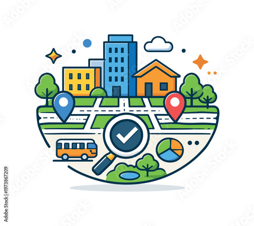 Urban planner concept expressing structure, accessibility and smart land use. A modern badge-style scene featuring city blocks aligned with pathways, trees and
