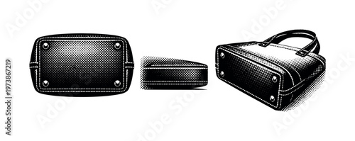 Tote bag bottom construction A realistic tote bag focusing on bottom structure shown in three views: flat bottom view, side base thickness view, and angled