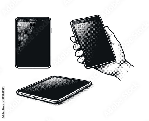 Tablet ? compact small-size tablet. A realistic compact small-size tablet represented as the same object in three views, emphasizing reduced dimensions, bezel