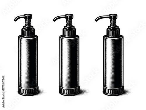 Liquid soap dispenser ? industrial-style soap dispenser with tall narrow metal body exposed pump mechanism and utilitarian form represented as a single object.