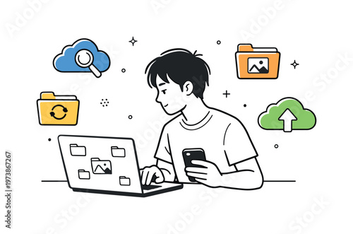 Deleted photo recovery grief searching. A person carefully scrolling through cloud backups and folders on a laptop and phone, hoping to recover lost memories.