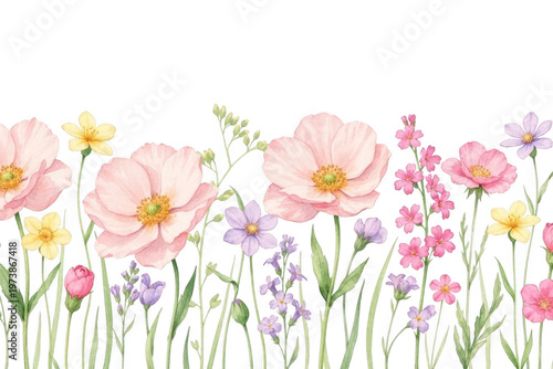 A beautiful watercolor border featuring a delicate arrangement of pink yellow and purple flowers isolated on transparent background