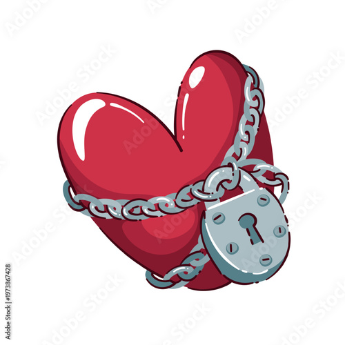 Heart wrapped in chain with padlock, showing emotional control, fear, attachment and inner limits in trading. A strong symbol of trading psychology in flat cartoon style, vector illustration.
