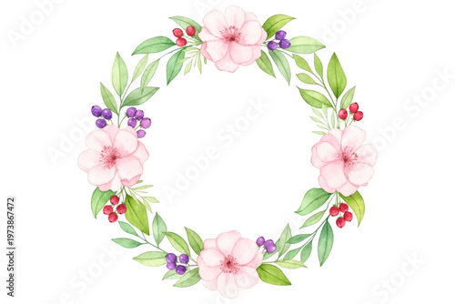 A watercolor circular wreath made of delicate hand painted watercolor pink flowers with green leafy stems isolated on transparent background