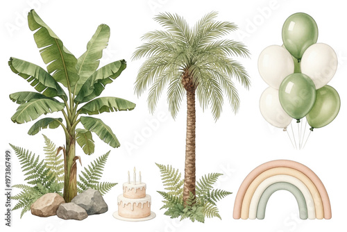 Watercolor tropical plants with a birthday cake, rainbow and balloon bunch for party decoration isolated on transparent background