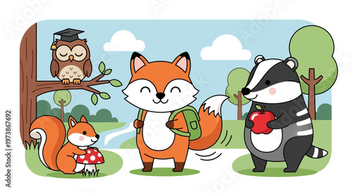 Cute cartoon fox and foxes in the forest, animal character set illustration, cute pets and zoo animals in fun vector icon style for children