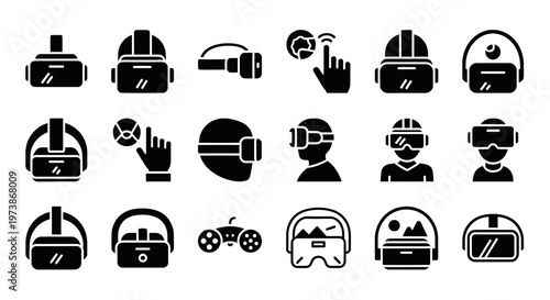 Virtual reality icons, VR headset symbols, gaming graphics, black vector illustrations, tech signs