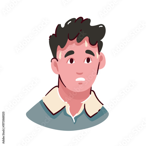 Worried trader face with sweat drops and tense expression, showing stress, fear and emotional pressure during market decisions. A clear symbol of trading psychology, flat vector illustration.