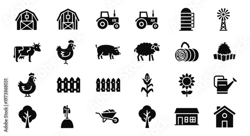 Farm icons, agriculture symbols, rural signs, black vector graphics, 25 icons set