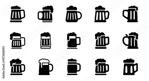 Beer Mug Icons, Black Silhouette Beer Mugs, Vector Beer Symbols, 16 Foaming Tankard Graphics
