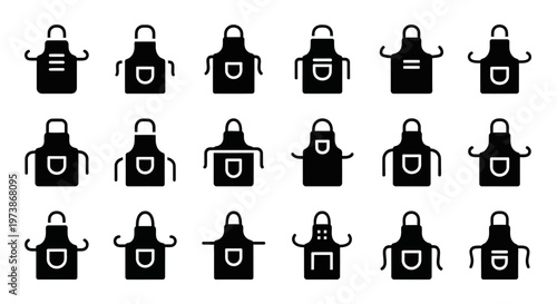 Black apron icons, kitchen symbols, cooking graphics, restaurant illustrations, 15 apron designs, vector set