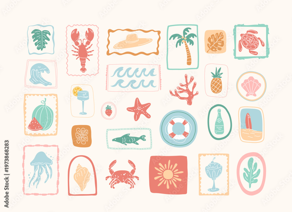 Obraz premium Beach Sticker Pack Summer Doodle