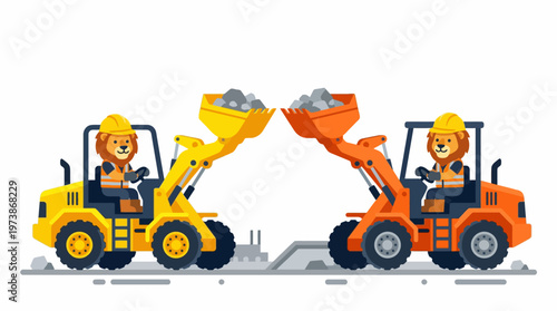 Two anthropomorphic lions in construction hats driving heavy machinery, working together on a construction site, lifting rocks and debris with front loaders