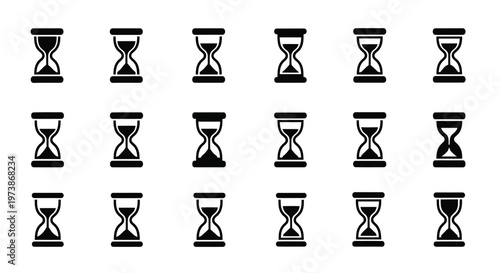 Hourglass icons, sand timer symbols, clock vectors, time management graphics, 20 black and white illustrations