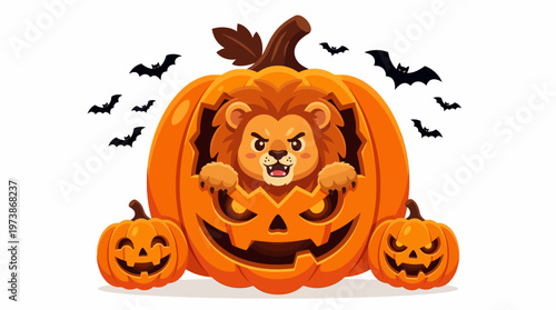 Happy Halloween illustration featuring a cute lion peeking out from a jack-o'-lantern surrounded by smaller pumpkins and bats
