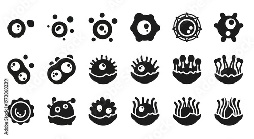 Black microbe, bacteria, germ icons, 20 isolated symbols, vector illustrations, medical, health, microbiology, science