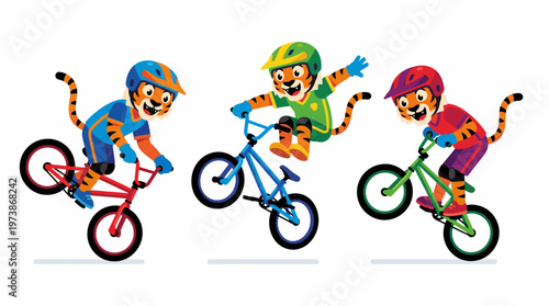 Cartoon tigers performing stunts on bicycles, showcasing athletic activity and adventure for children's themes
