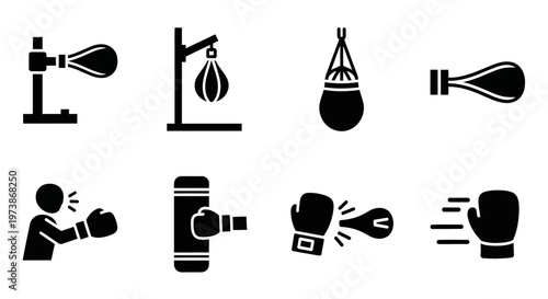 Boxing icons, black and white, sports symbols, fitness graphics, 8 vector elements