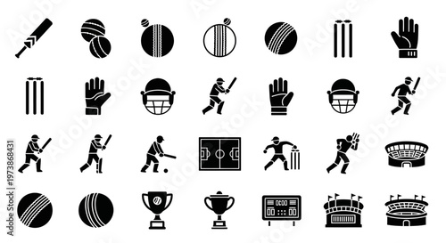 Cricket Icon Set, 25 Black Vector Graphics, Sports Symbols, Equipment Illustrations, Trophy Awards