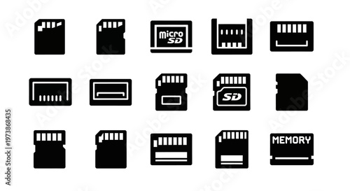 Memory card icons, storage symbols, SD card graphics, data storage illustrations, 15 black and white vector icons