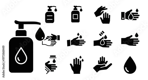 Hand sanitizer icons, hygiene symbols, black vector graphics, 15 elements, soap dispenser, handwashing signs