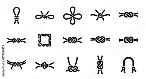 Knot icon set, rope tie symbols, nautical line knots, 13 black vector graphics