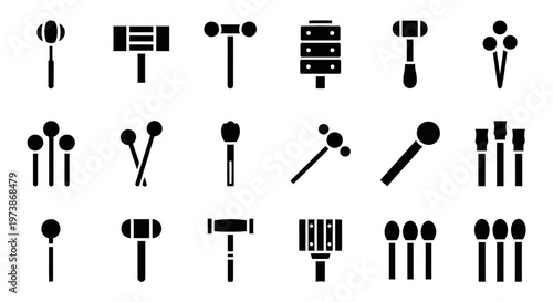 Black drumstick icons, music symbols, vector graphics, drumstick set, musical instrument illustrations
