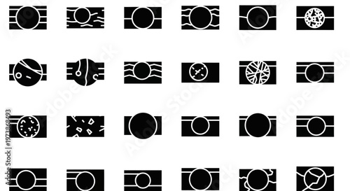 Camera, film, and photography icons set, 25 black and white vector graphics, symbols for editing, filmstrip, and development, photography signs and signals