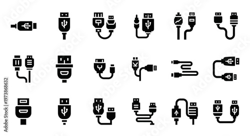 Electric plug icons, power connector symbols, black vector set, 20 charging cable graphics, electronic adapter illustrations