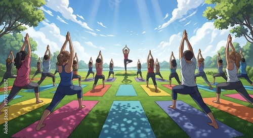 Outdoor yoga class in sunny park

