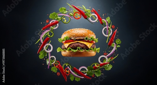 Delicious burger with dynamic spicy ingredients
