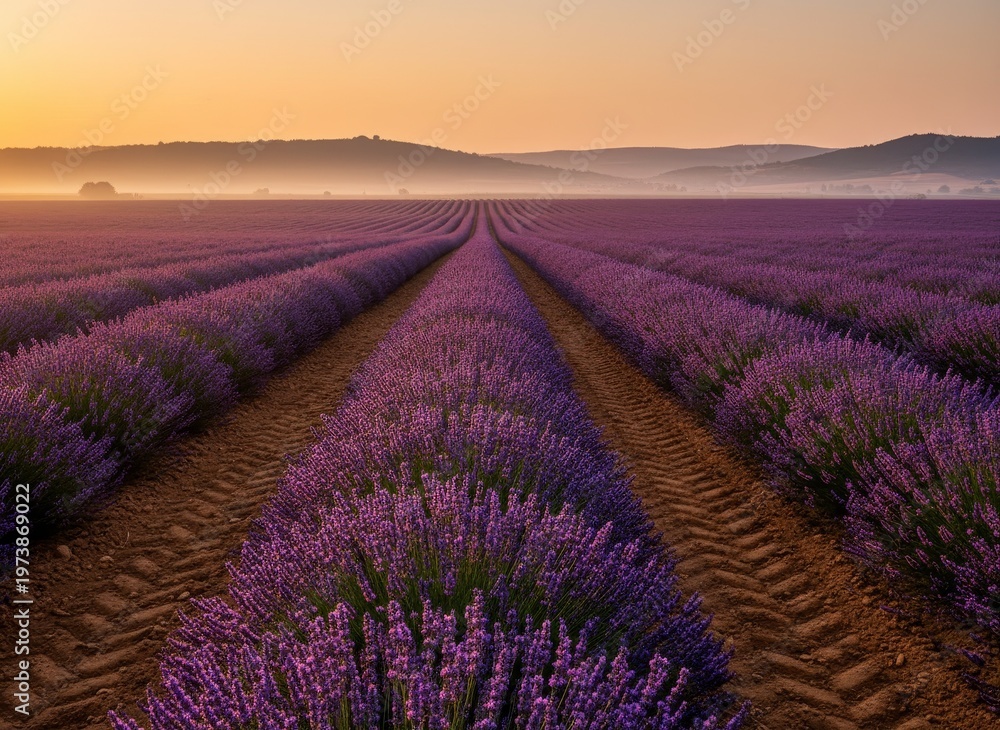 Obraz premium Lavender fields in neat rows glowing under a warm sunset with distant hills.