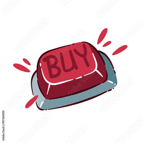 Buy button with red alert shape and flashing marks, showing impulse, urgency and fast trading decisions. Emotional pressure around a buy button in trading psychology, flat vector illustration.