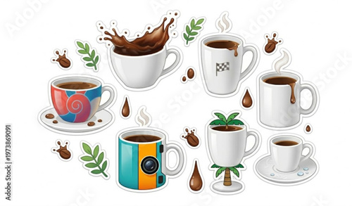 3D coffee cup sticker collection with americano splash and hot drink mugs in realistic vector style