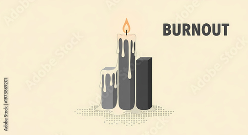 Burnout concept with melting candles and flame on beige background symbolizing exhaustion its illustration only