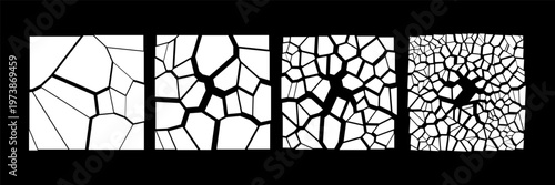 Set of black and white vector patterns with increasing density of cracked glass or broken surface effect. Geometric Voronoi diagrams representing fragmentation and abstract texture.