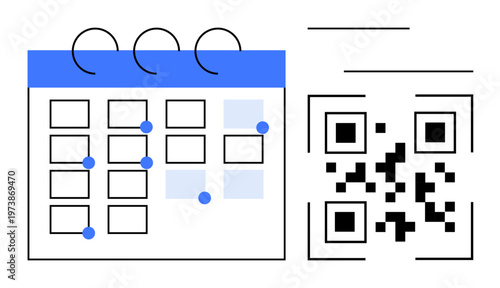 Event planning, scheduling, digital organization, QR code scanning, productivity tools, time management. A calendar with highlighted dates alongside a QR code. Event planning and scheduling concept