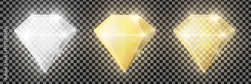 Realistic gold and silver shiny diamonds pack isolated on transparent background. Jewelry symbol. Gem stone. 3D diamond icon. Vector illustration