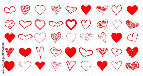 Red hearts big set. 8 march day icons. Heart signs isolated on transparent background. Love concept stickers. Doodle style hand drawn hearts and smiles. Sticker pack. Vector grunge likes set