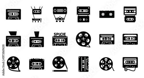 Vintage video, film, and music icons, 20 retro media symbols, black and white vector graphics, filmstrip, cassette tape, VHS, illustration set