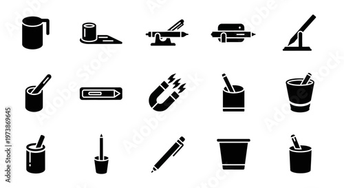Black and white construction tools icons set, 16 silhouette symbols, cement mixers, drills, saws, paint buckets, vector graphics for design, architecture, engineering projects