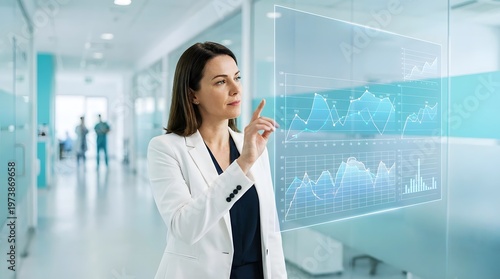 Data Analytics and Healthcare Technology Demonstration Professional Woman Analyzing Complex Financial Charts and Medical Data on Interactive Holographic Display in Modern Hospital Setting Free Download Data Analytics and Healthcare Technology Demonstration Professional Woman Analyzing Complex Financial Charts and Medical Data on Interactive Holographic Display in Modern Hospital Setting - GFXLoad