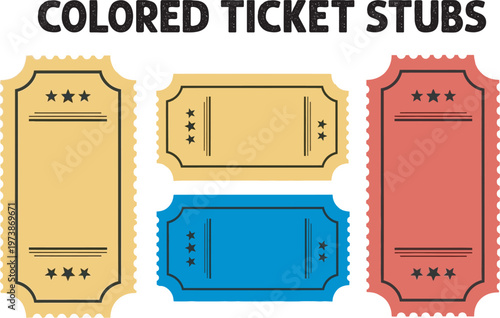 Vintage-style ticket stubs with stars and perforated edges for events.