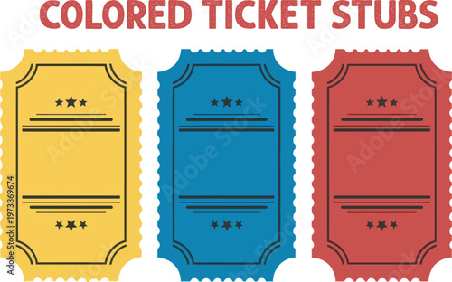 Vintage-style ticket stubs with stars  set. Collection of three blank colorful ticket stubs with stars and lines on a white background