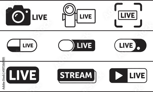 Live Streaming Icons Collection. Set of Live Streaming and Broadcast Icons with Cameras and Play Buttons